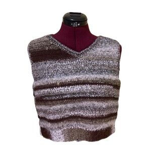 Hand knit crocheted vest super soft brown gray striped cropped v-neck